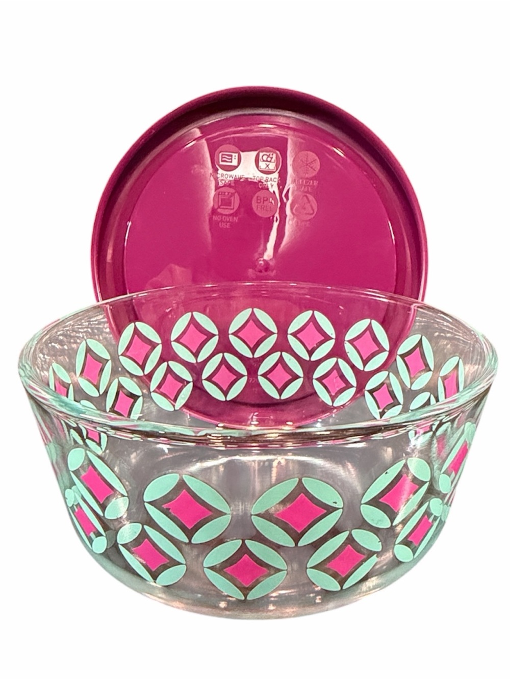 Pyrex Bowl Diamonds Decorated Glass Storage Container with new purple Lid